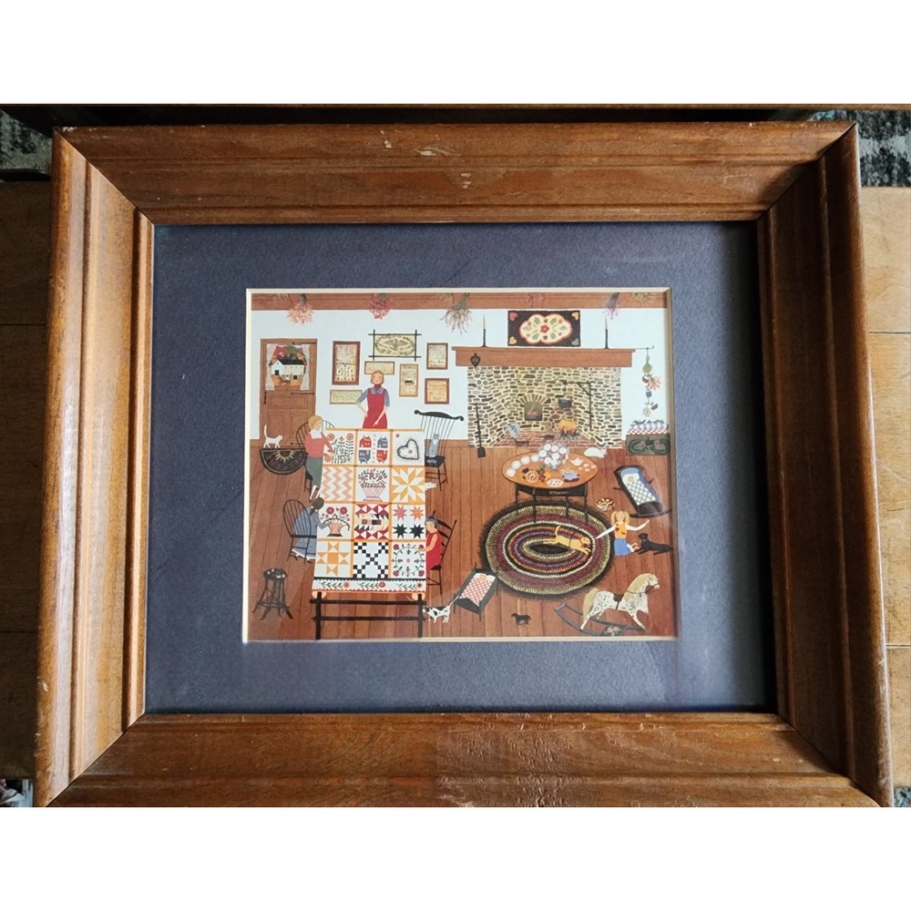 Vtg Sandi Wickersham Resnick Folk Art Framed Print 90s Primitive Cottagecore